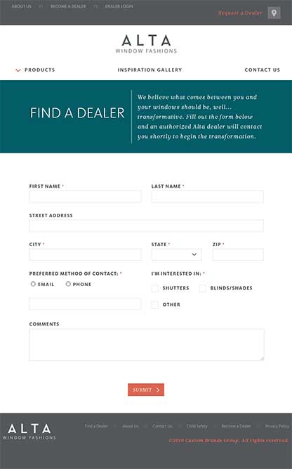Alta Window Fashions Find a Dealer Form on tablet