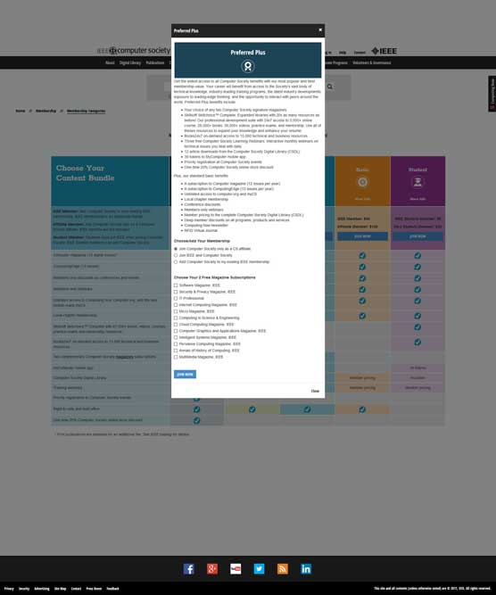 IEEE Computer Society membership types grid with modal window, desktop